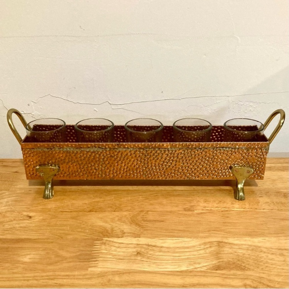 Hammered Metal Footed Container with 5 Glass Votive Holders Used Copper Colored - Picture 5 of 15